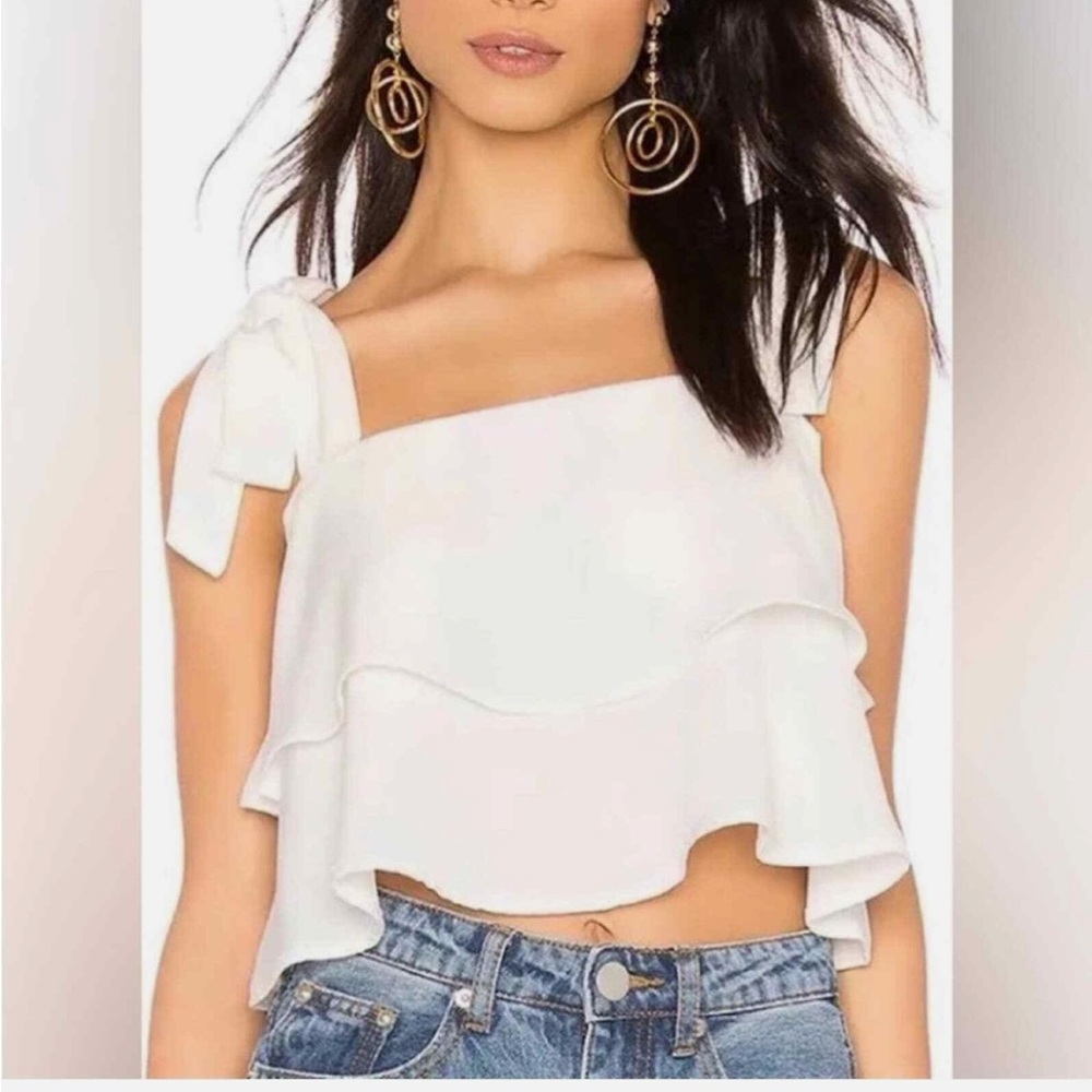 Superdown Flowy White Double Ruffle Tie Shoulder Crop Top Size XS